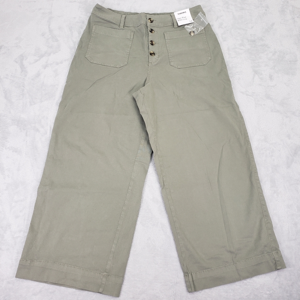 NWT Wide Leg Crop High Rise‎ Green Plus Women 14 (34) Stretch Casual Dress Pants